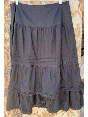 New York & Company Skirt Size 14 Black Cotton Tiered Thick Lace Trim Boho Goth